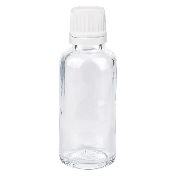 Helder glazen flessen 30ml met wit schroefsluiting 1.2mm VR Helder glazen flessen 30ml met wit schroefsluiting 1.2mm VR