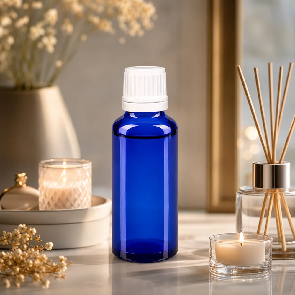 Lichtbestendige druppelfles van 30 ml, van blauw glas met een witte originele dop voor oliën