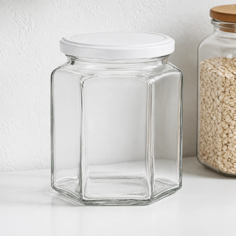 Lege 400g zeshoekige honingpot met wit deksel naast voorraadpot met havervlokken op witte keukenplank