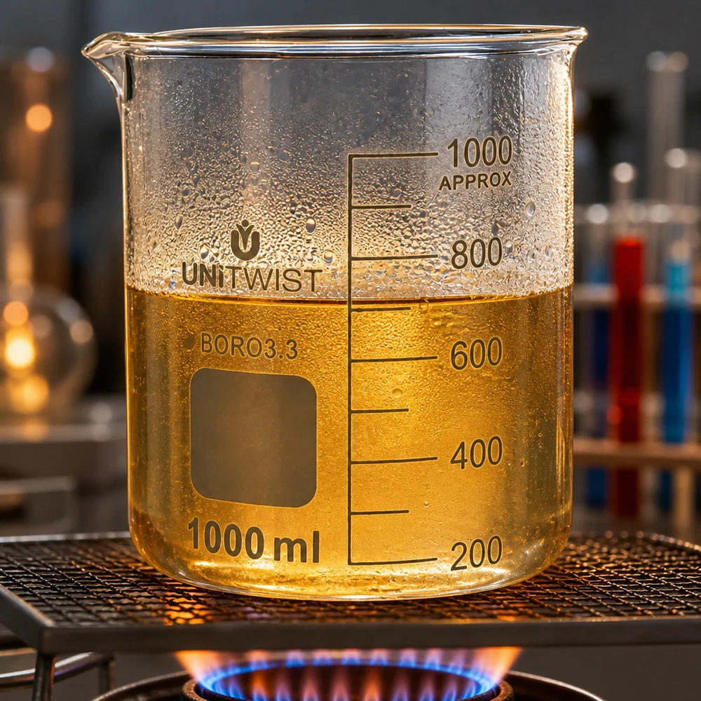 Beker 1000ml borosilicaat, lage vorm UNiTWIST Temperatuurbestendige UNiTWIST-bekerglas 1000 ml BORO3.3 in gebruik met hete vloeistof