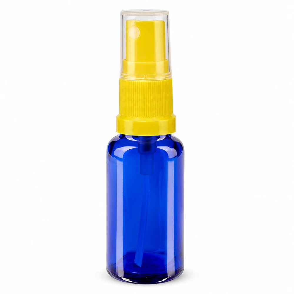 Blauwe glazen fles van 20 ml met gele fijne verstuiver voor etherische oliën en cosmetica van ApoGlas