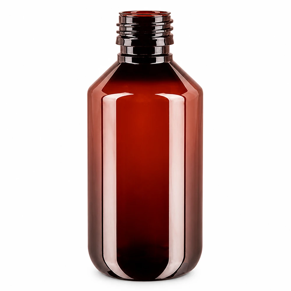 PET fles 200ml PP28 zonder dop Hoogglanzende bruine PET-fles met een inhoud van 200 ml, PP28-schroefdraad zonder dop