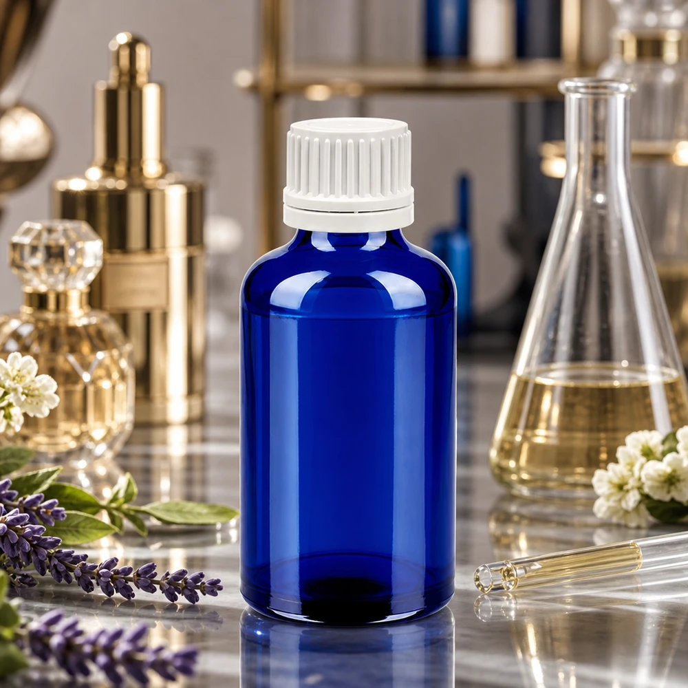 Compacte 50ml druppelflacon in elegant blauw voor mobiel gebruik van medicinale plantenextracten