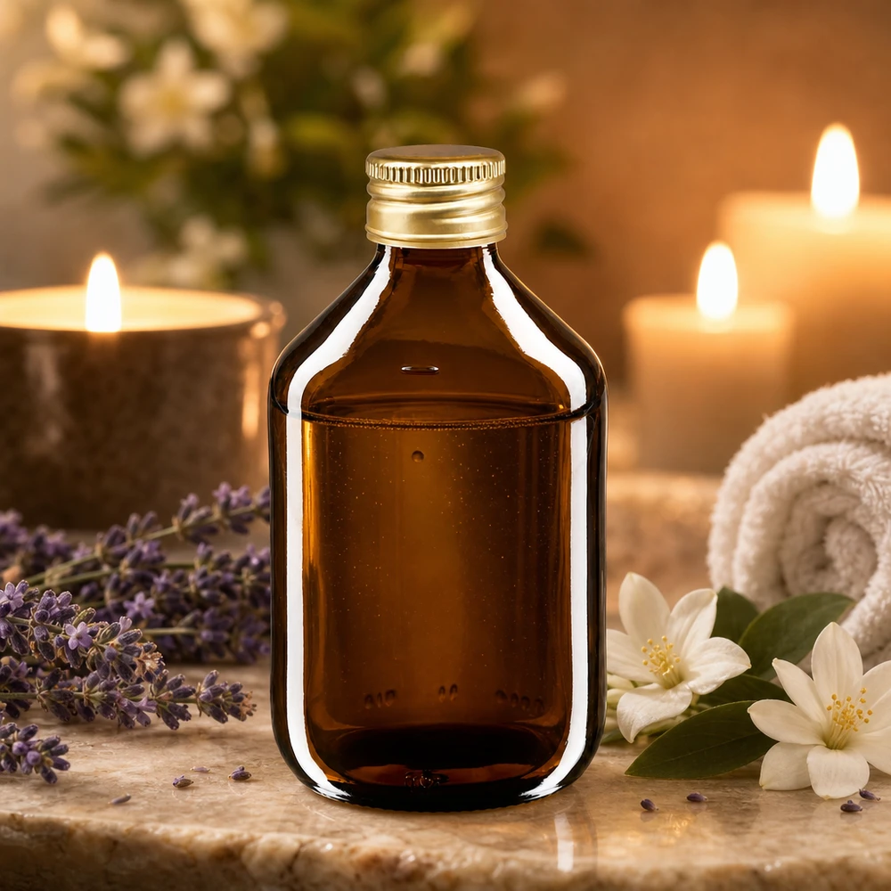 300 ml Euro-medicijnfles bruin met gouden aluminium sluiting Donkerbruine medicijnfles 300ml met elegante aluminium dop, ideaal voor aromatherapie