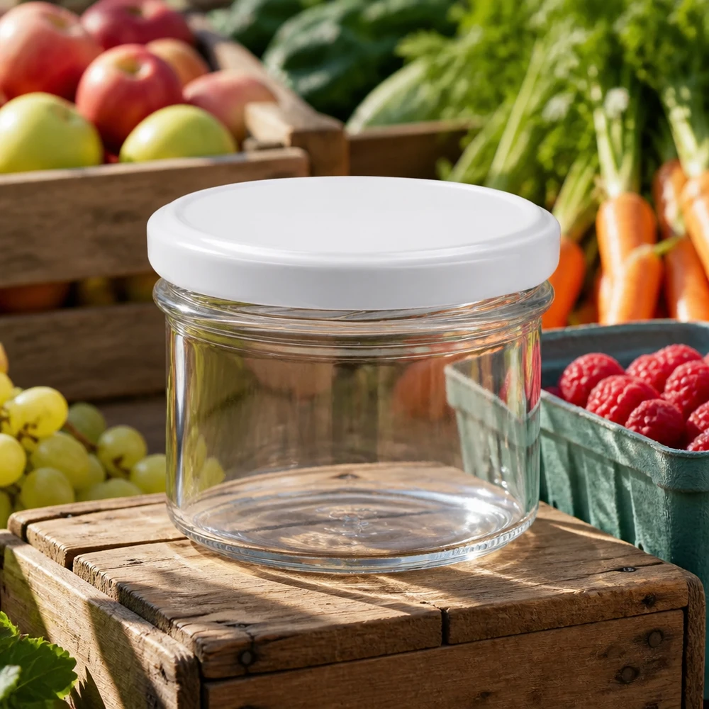 225ml lege glazen pot met wit deksel op houten krat tussen vers fruit en groenten van de markt