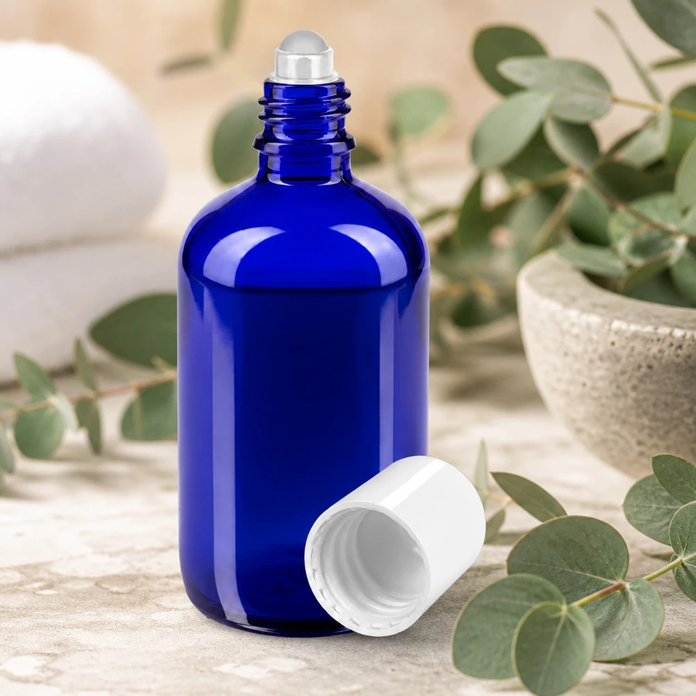 Blauwe rollerfles van 100 ml van apothekersglas voor etherische oliën en lichaamsverzorgingsproducten
