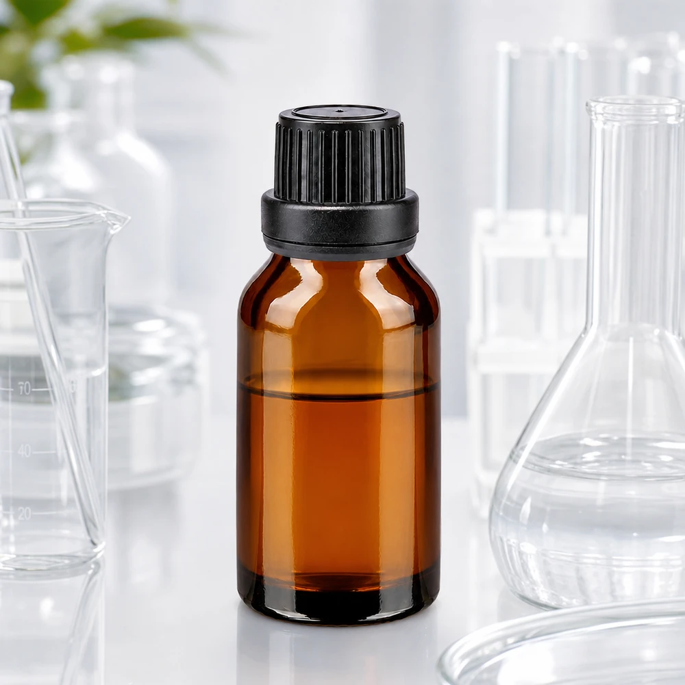 Lichtbestendig druppelflesje van 15 ml van bruin glas met zwarte originaliteitssluiting en afdichting