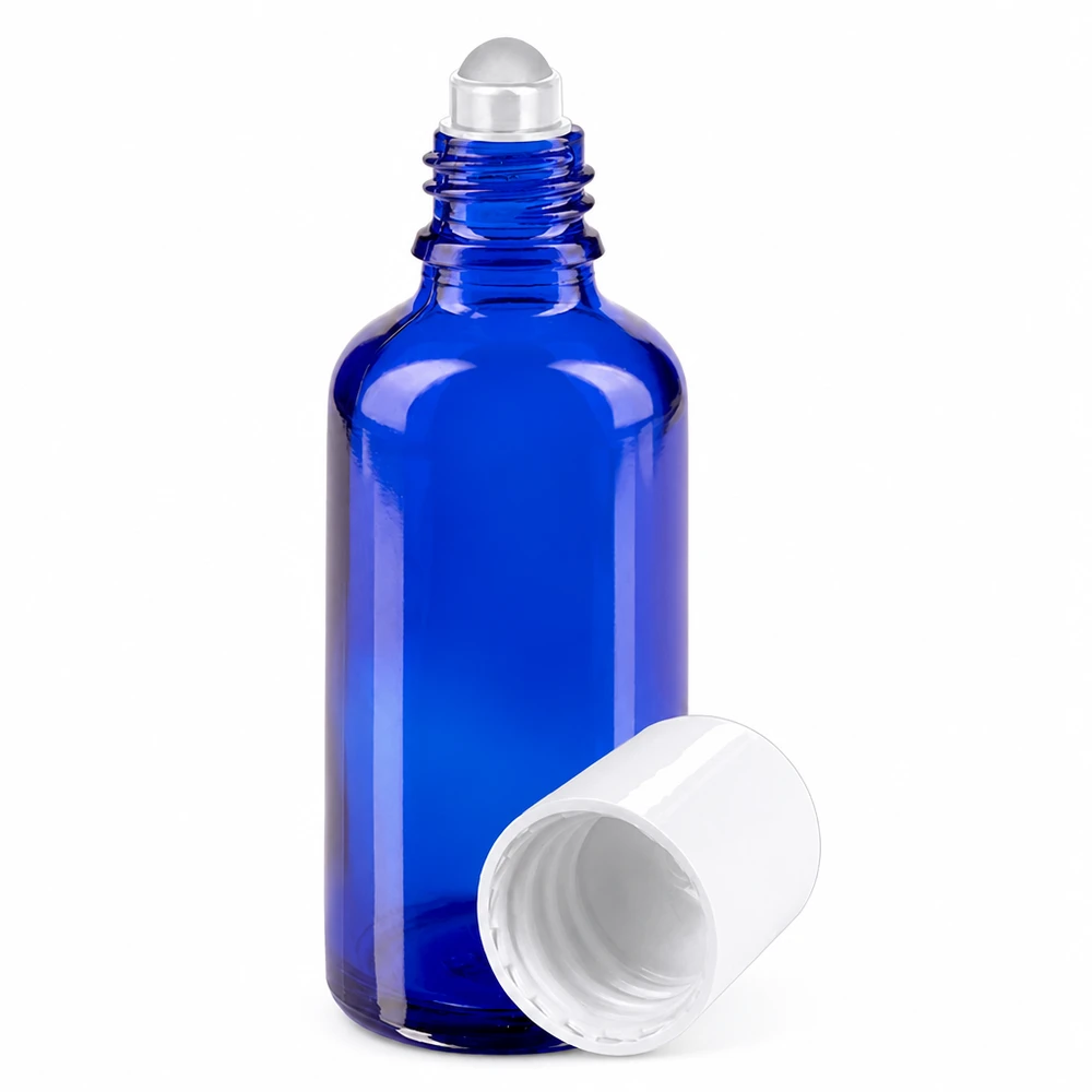 Roll-on-flesje van 50 ml van blauw apothekersglas met een witte kunststof dop voor parfum en oliën