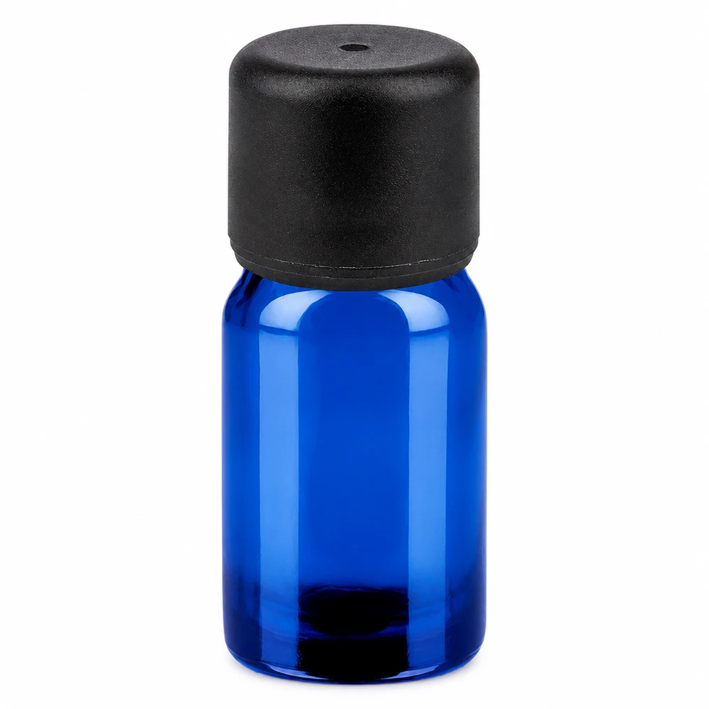 Cilindrisch 5ml flesje in helder blauw met ergonomische zwarte dop