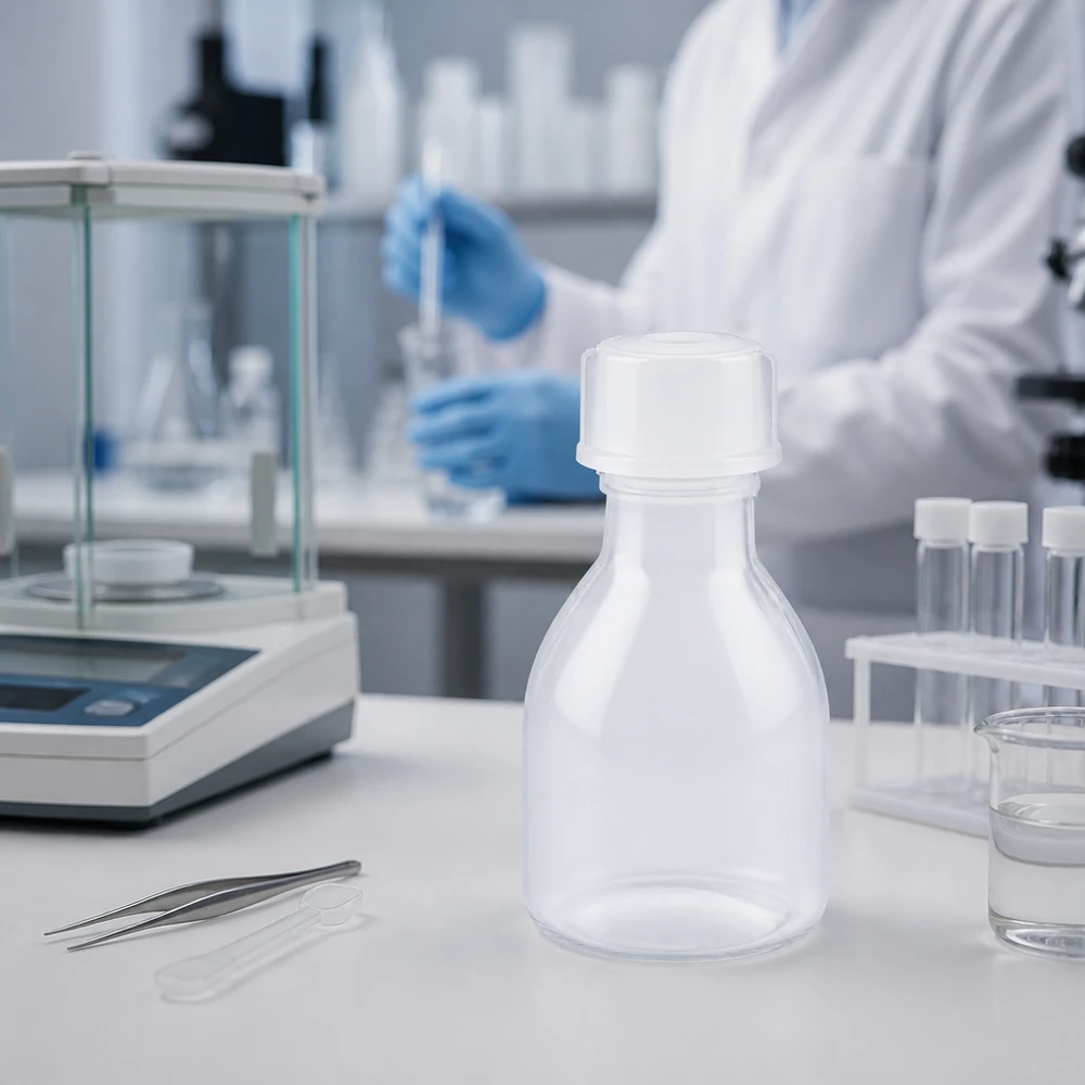 Nauwe hals laboratoriumfles 20ml met schroefsluiting Doorzichtige PE-schroeffles met smalle hals van 20 ml naast een bekerglas en een reageerbuisstandaard