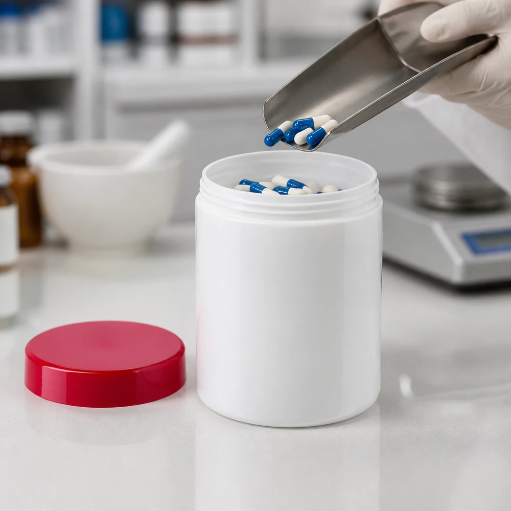 75 g PP-potje, wit, met rode schroefdop, geopend bij het professioneel afvullen van medicijnen