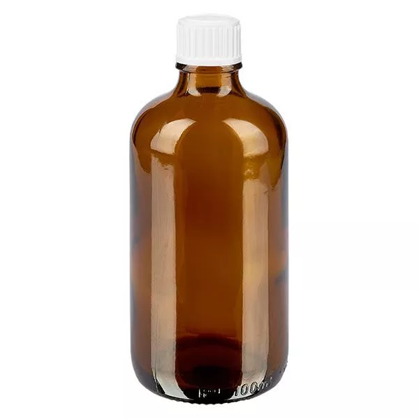 Bruine glazen fles 100ml met wit schroefsluiting globuli uitgietring St Bruine glazen fles 100ml met wit schroefsluiting globuli uitgietring St
