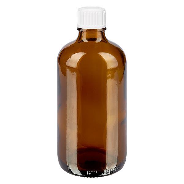 Bruine glazen fles 100ml met wit schroefsluiting globuli uitgietring St Bruine glazen fles 100ml met wit schroefsluiting globuli uitgietring St