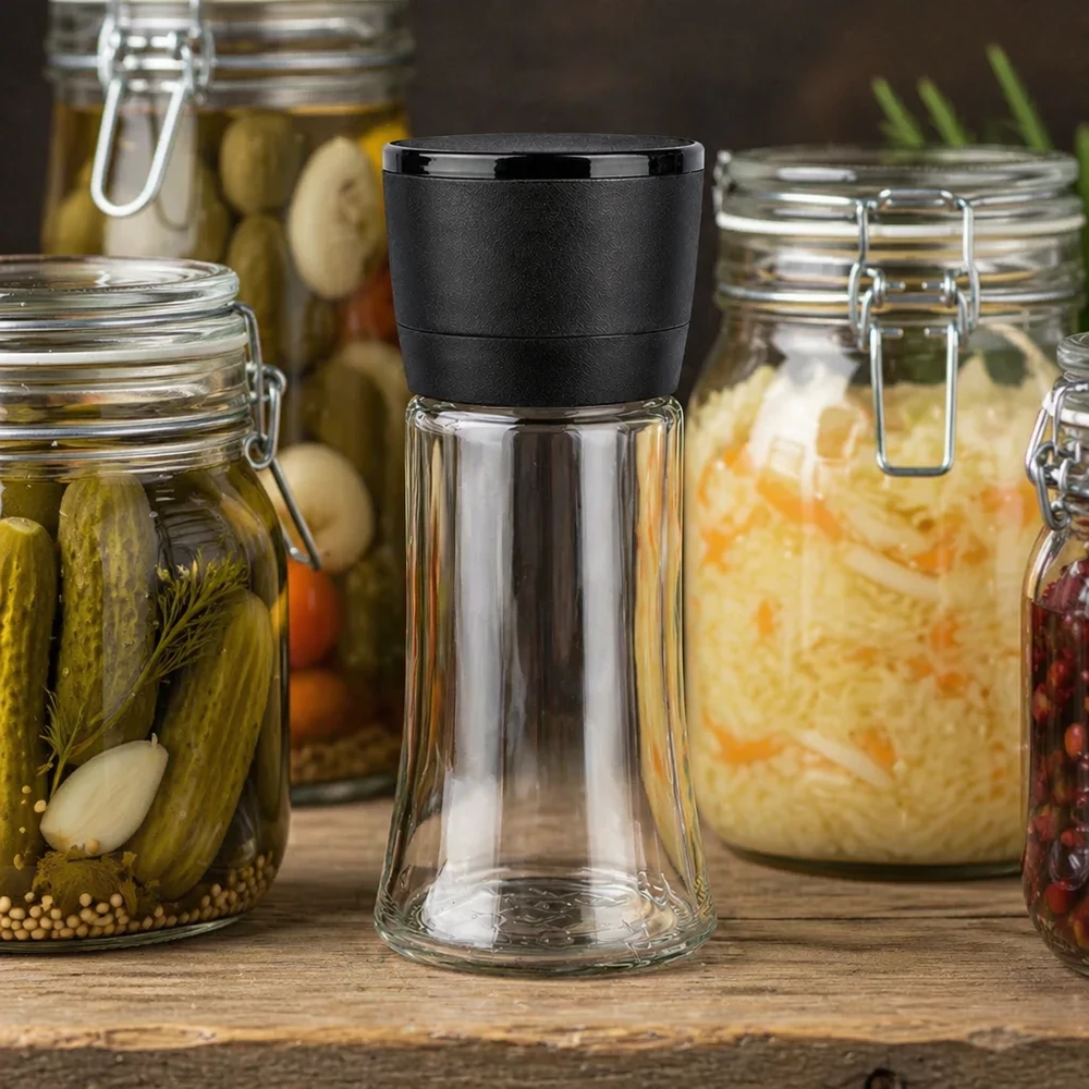 Compact kruidenpotje van 95 ml met zwarte Vario-molen tussen ingemaakte groenten in Weck-potten