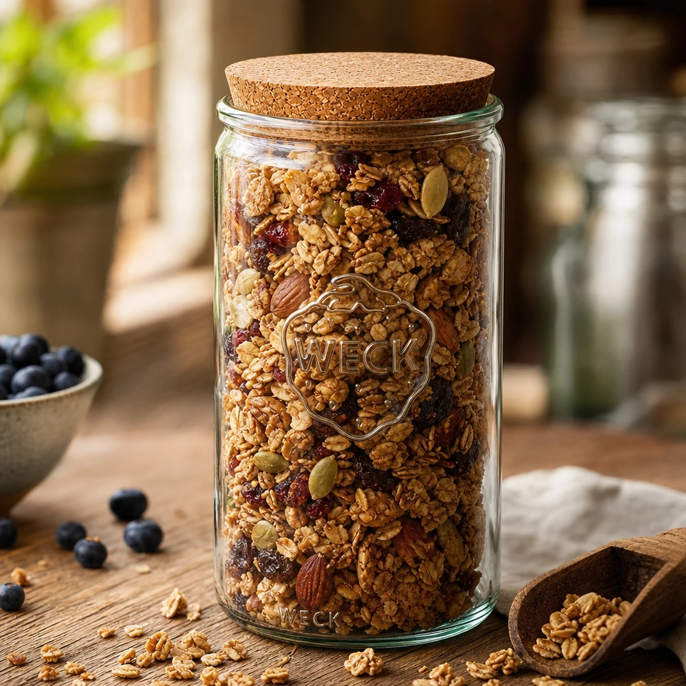 WECK voorraadpot 1590ml RR100 gevuld met muesli noten en gedroogd fruit kurkdeksel keuken decoratie