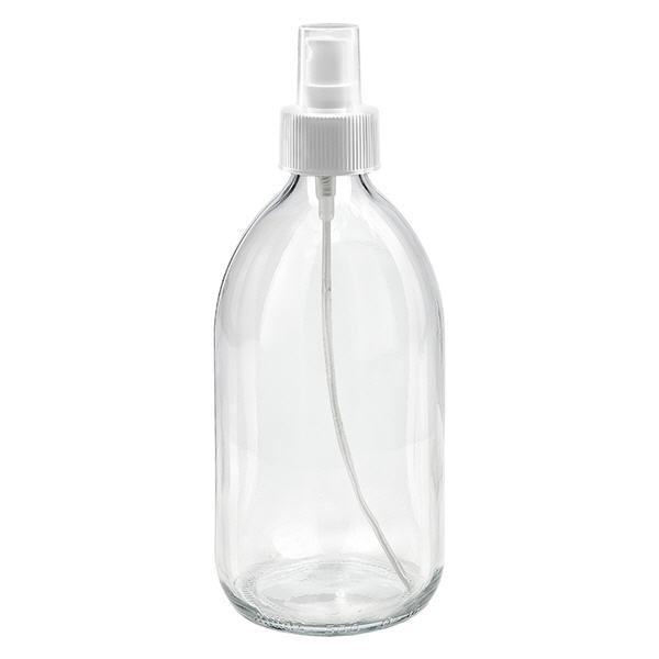 500ml Euro-medicijnfles helder met witte pompverstuiver 500ml Euro-medicijnfles helder met witte pompverstuiver