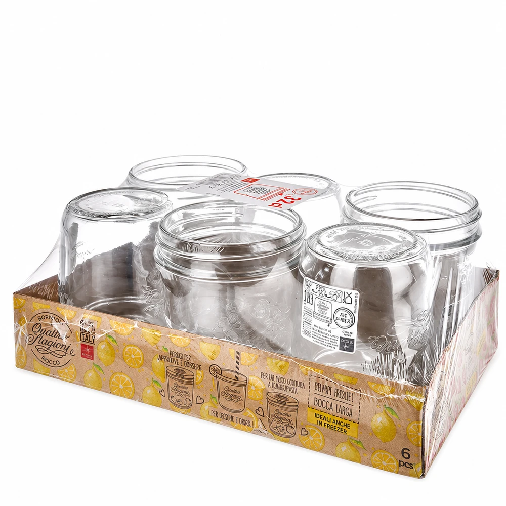 Set van 6 320ml Quattro Stagioni bekers in verkoopverpakking met deksels Bormioli Rocco inmaakpotten set