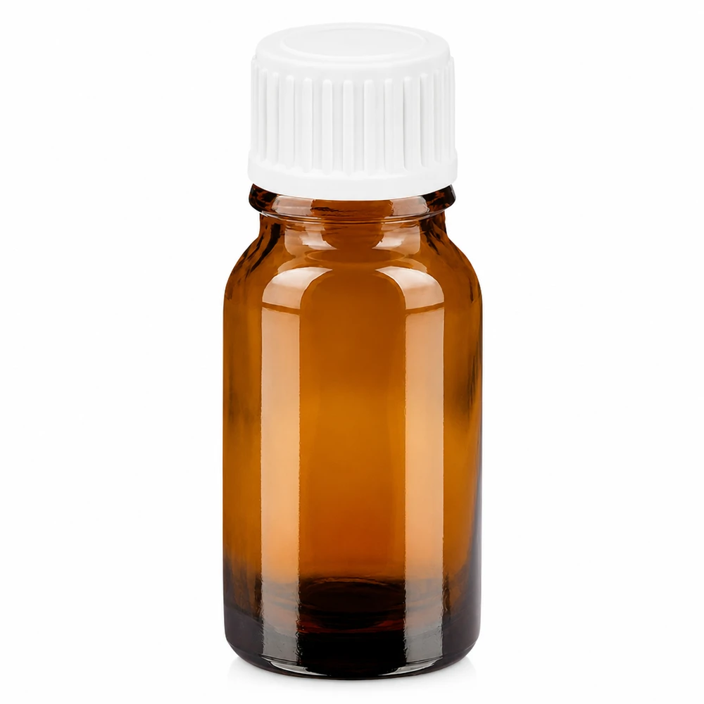 UV-beschermd glazen flesje van 10 ml in bruin met witte, druppeldichte dop