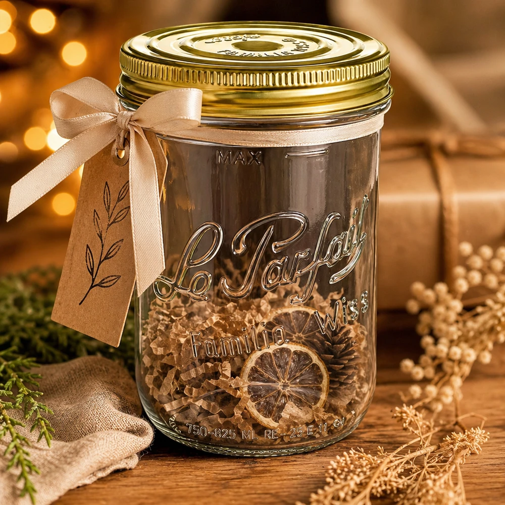 1020ml Familia Wiss bekers met gouden deksel en beige strik gevuld met gedroogde citrusschijfjes op een houten deksel.