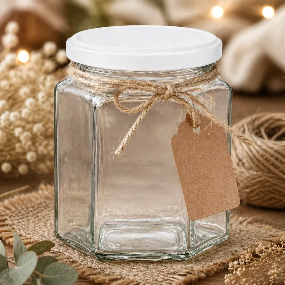 400g honingpot zeshoekig leeg met kraftpapier label en jute koord als geschenkverpakking op een natuurlijke tafel