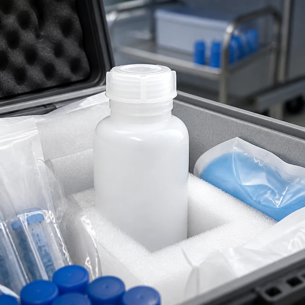 Wijde hals laboratoriumfles 250ml met sluiting Weißer 250ml Laborbehälter Weithals in Kältetransportverpackung für biologische Proben