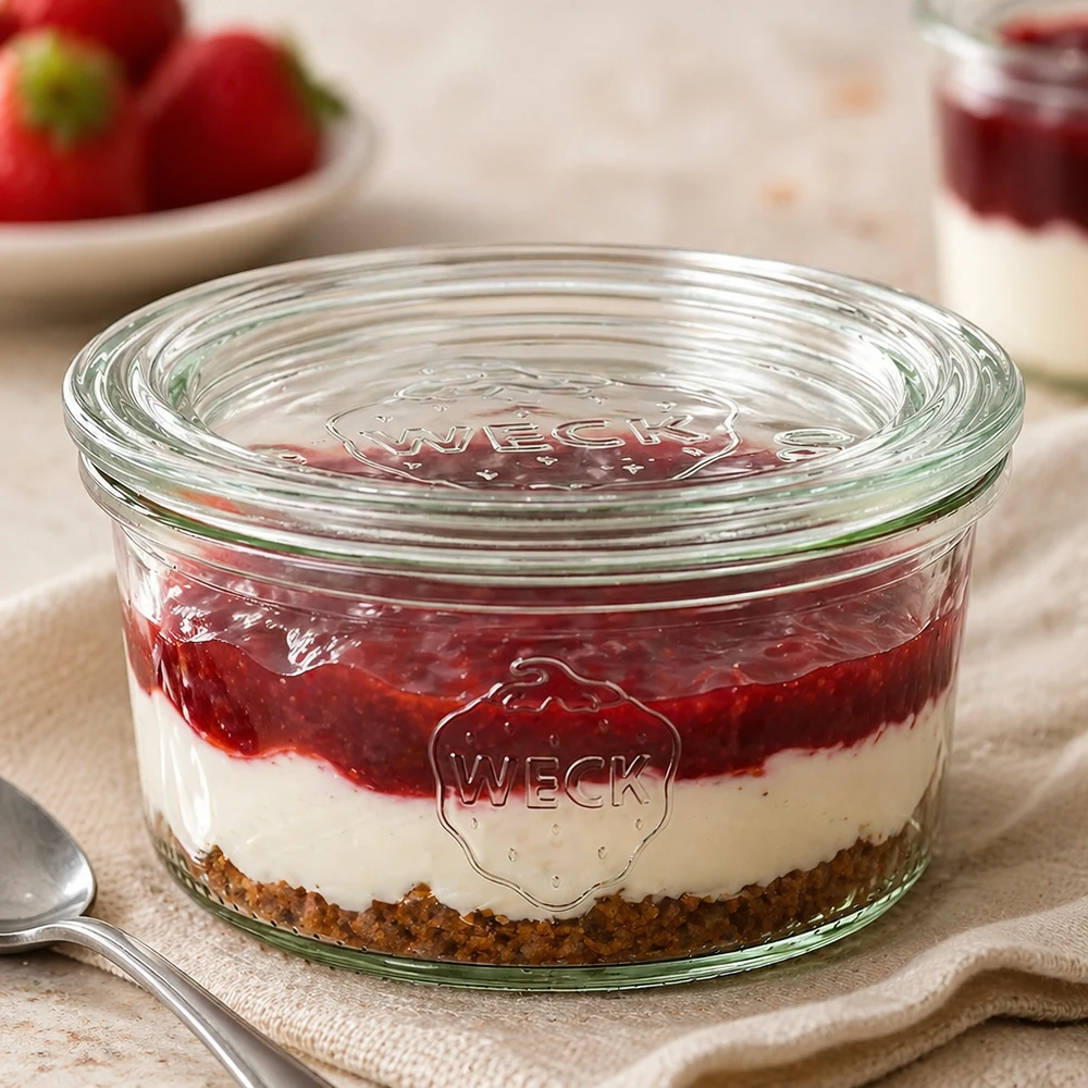 WECK RR80 bekers van 165 ml gevuld met gelaagde desserts tonen veelzijdigheid voor desserts en portionering