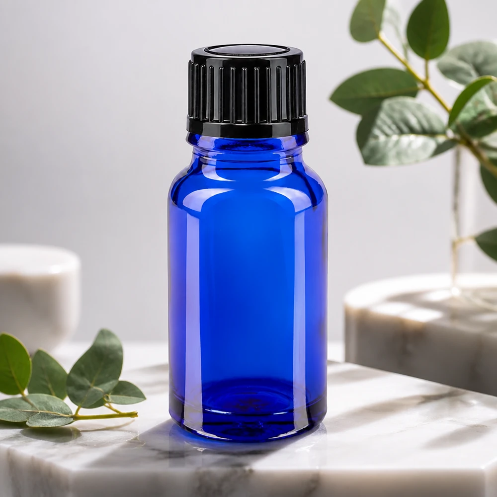 Medische glazen fles, blauw, 10 ml, slanke vorm, zwarte dop STD voor laboratoriumgebruik