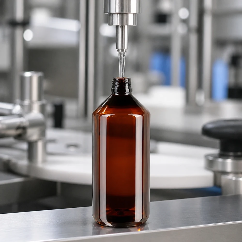 PET fles 1000ml PP28 zonder dop Farmaceutische afvulmachine vult een PET-fles van 1000 ml met UV-bescherming, amberkleurig, PP28