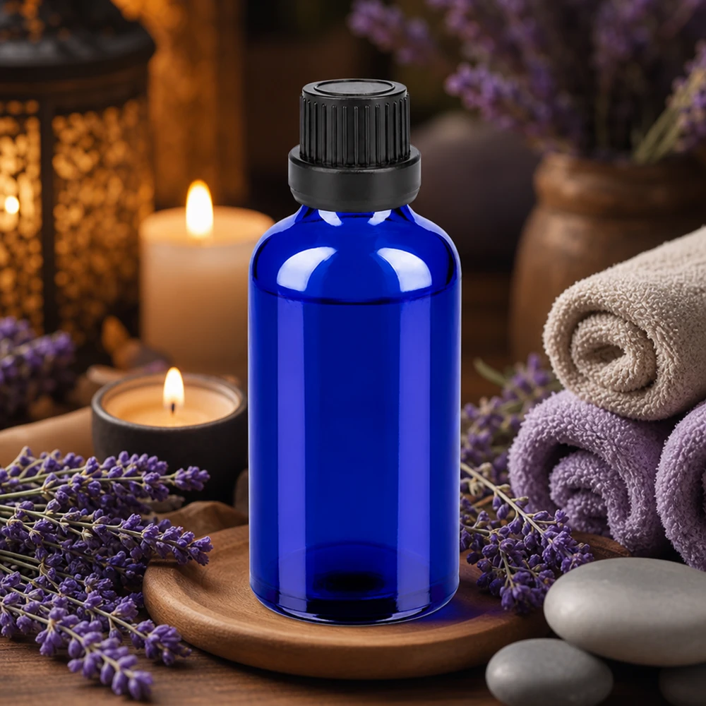 50ml flacon 11mm SV zwart OV BlueLine UT18/50 Compacte 50 ml fles van UV-beschermend blauw glas met praktische druppelaar