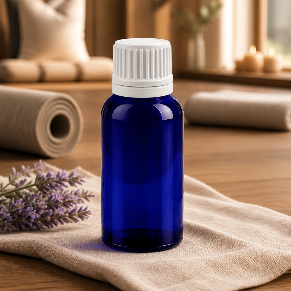 30ml blauw glazen flesje met kindveilige OV-dop voor het veilig bewaren van tincturen