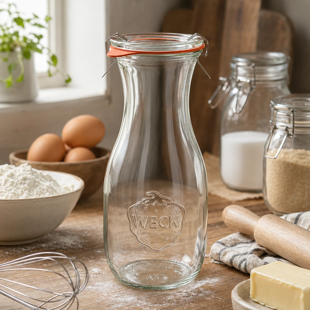 WECK sapfles 530ml RR60 in keukenomgeving met bakingrediënten eieren bloem en boter op houten werkblad