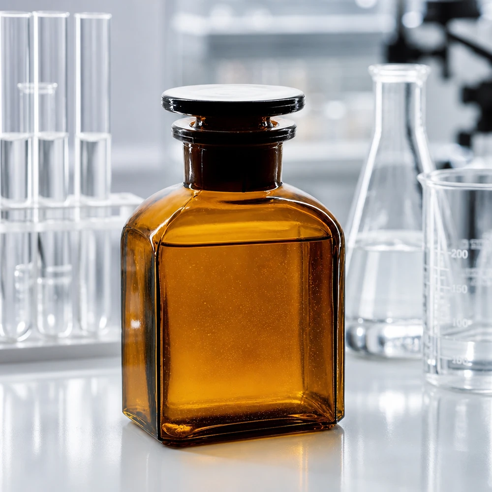 Glazen fles van 150 ml, vierkant, met brede hals en stop, gemaakt van bruin borosilicaatglas
