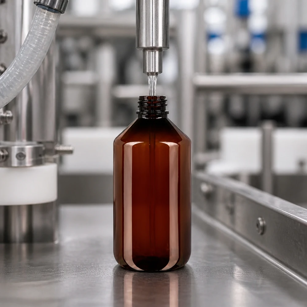 Pharmazeutische 500ml Braunglasflasche aus PET mit weissem Zerstäuber im Reinraum