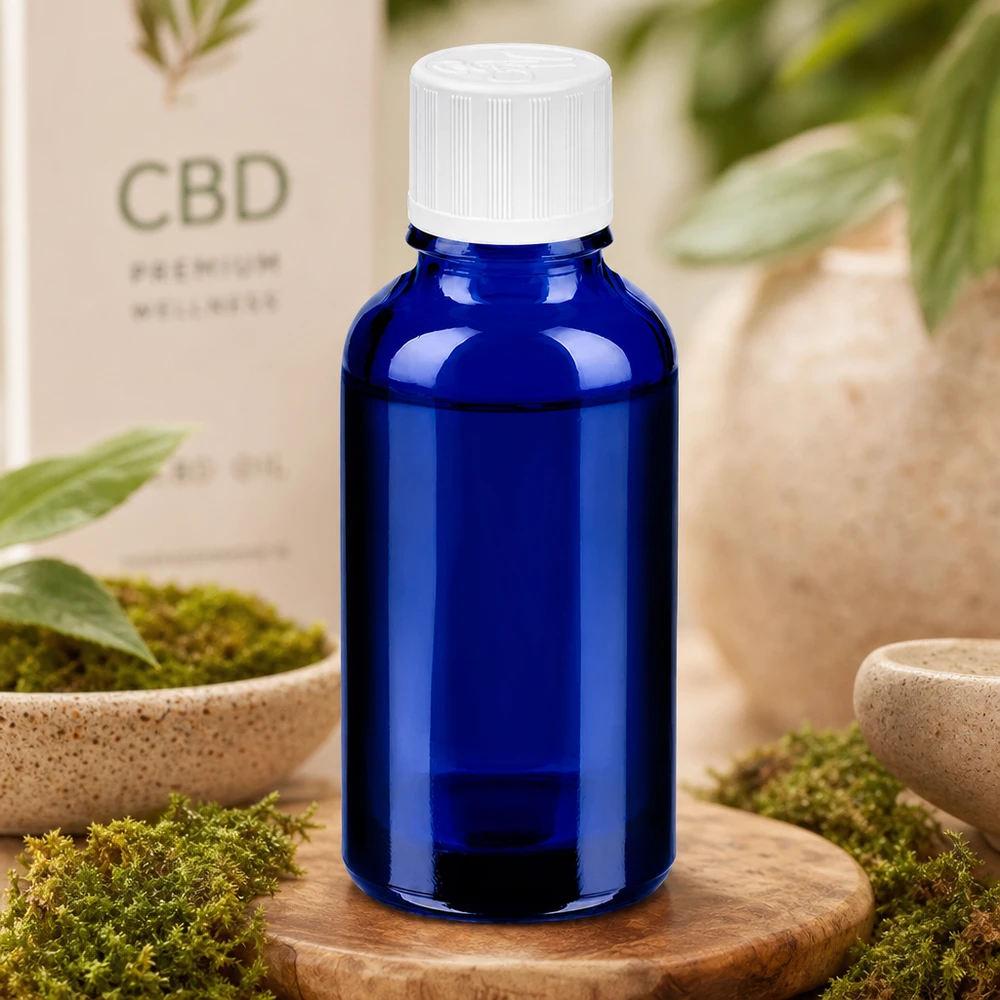 30 ml laboratoriumflesje van UV-beschermend blauw glas met witte dop voor gevoelige actieve ingrediënten