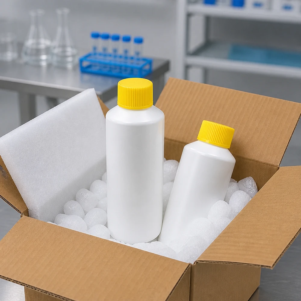 PET cilinderfles 100ml wit met schroefsluiting geel Apotheekfles van HDPE, 100 ml, wit met gele dop, voor laboratorium- en farmaceutisch gebruik, in verzendverpakking
