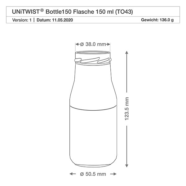 150ml fles zonder deksel (TO43) UNiTWIST UNiTWIST Bottle150 glazen fles 150ml TO43 met afmetingen 38mm diameter 123,5mm hoogte technische tekening