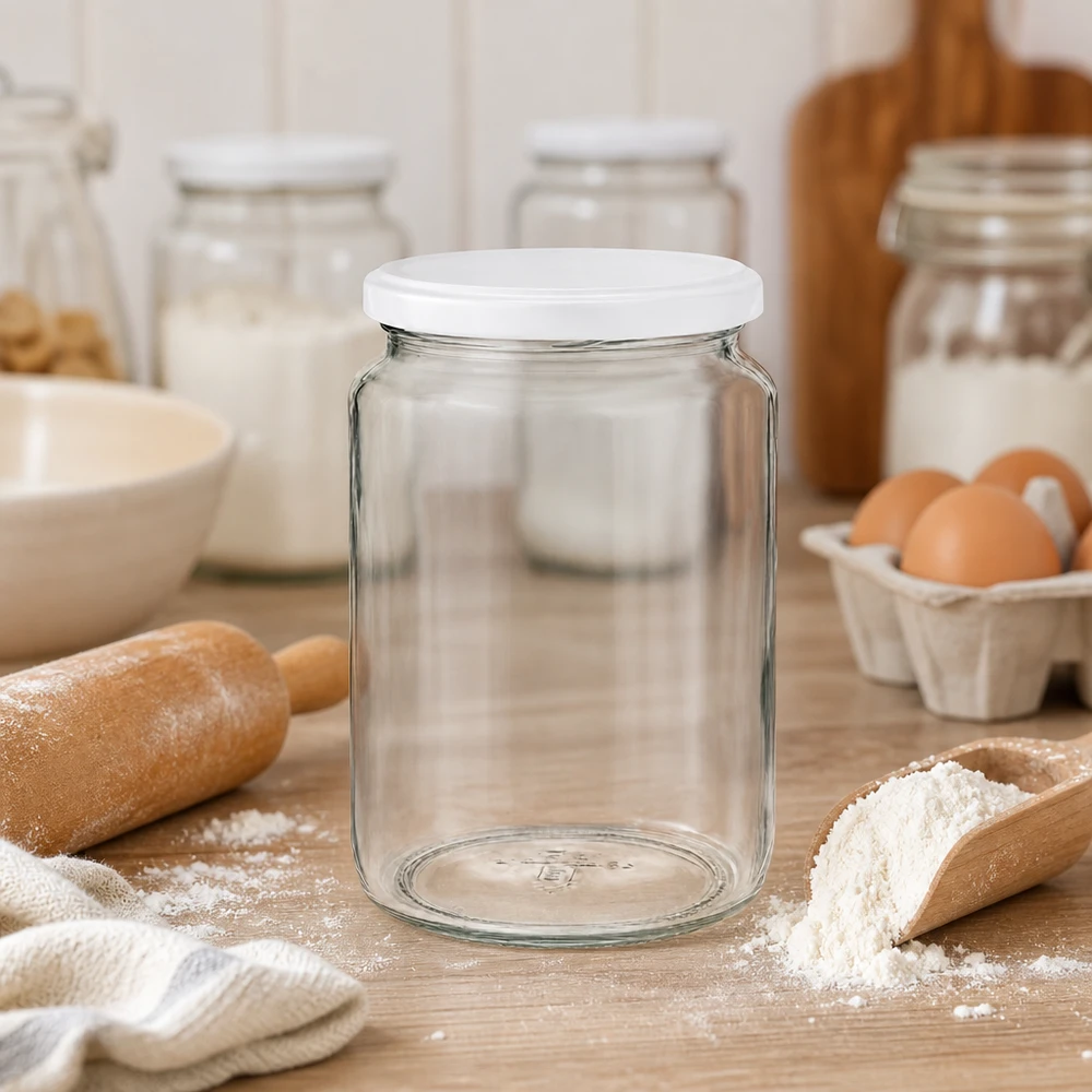 795ml UNiTWIST ronde pot in keukenscène met bakingrediënten toont veelzijdig gebruik als voorraadpot voor bloem