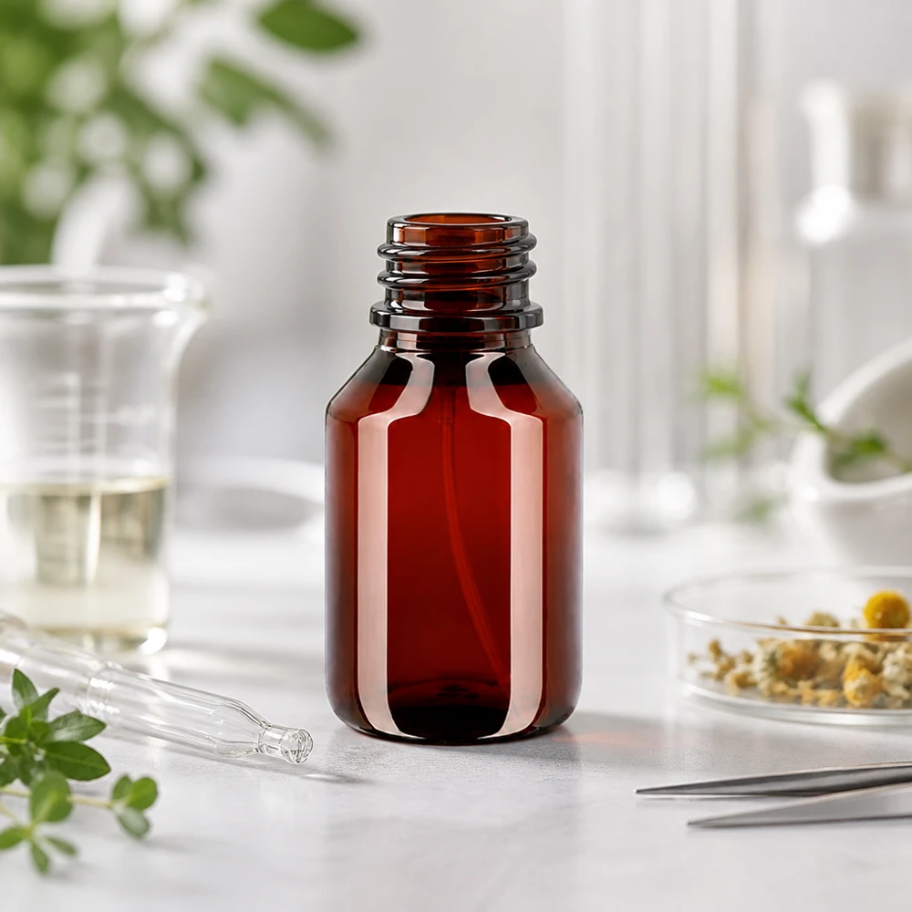 Offene 50ml PET Flasche mit breitem Schraubhals für Zerstäuber auf hellem Untergrund