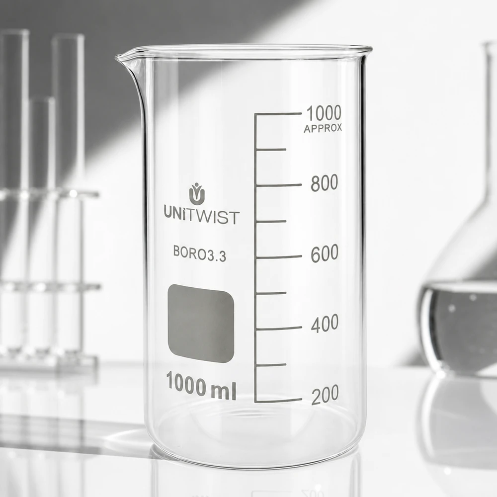 Laboratoriumglaswerk UNITWIST: bekerglas van 1000 ml, hoog model, borosilicaatglas, met ander glaswerk op de achtergrond