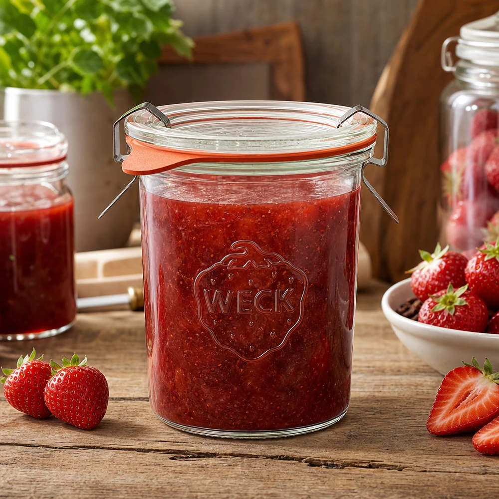 WECK inmaakpot 160ml gevuld met aardbeienjam op houten tafel met verse aardbeien en keukensfeer