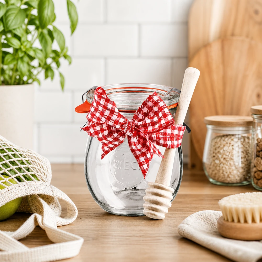 WECK mini tulpenpot 220ml in duurzame keuken met houten honinglepel, rood-witte strik en eco accessoires