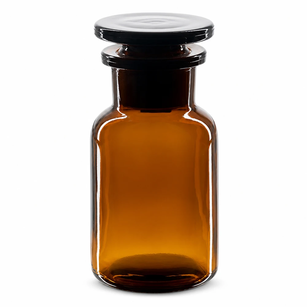 Glazen fles, bruin, 100 ml, brede hals, ronde schouders, met bijpassende glazen stop