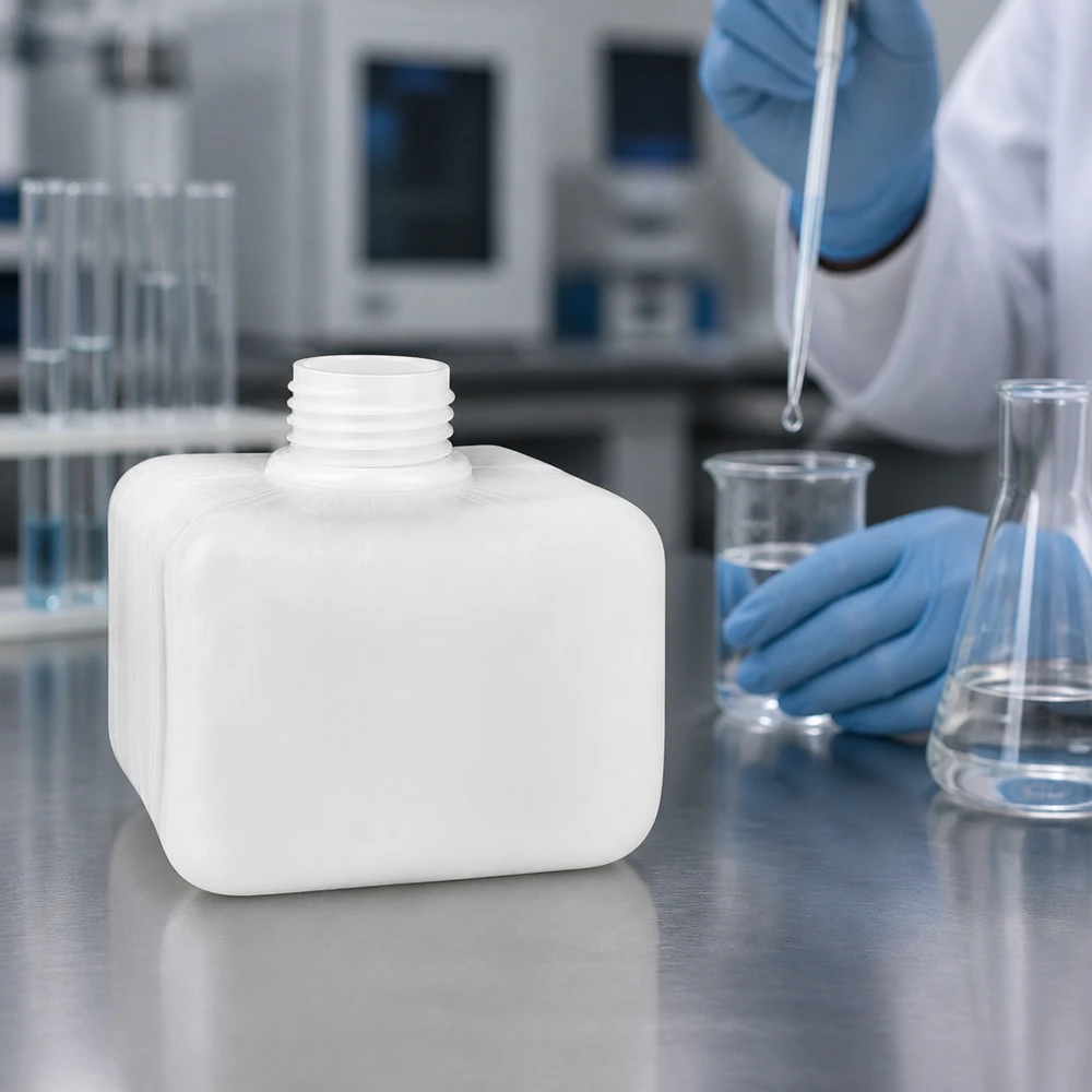 Chemicaliënfles 250 ml, nauwe hals Compacte chemische fles van 250 ml met smalle hals (GL28), vervaardigd uit voedselveilig PE-HD-materiaal, wit