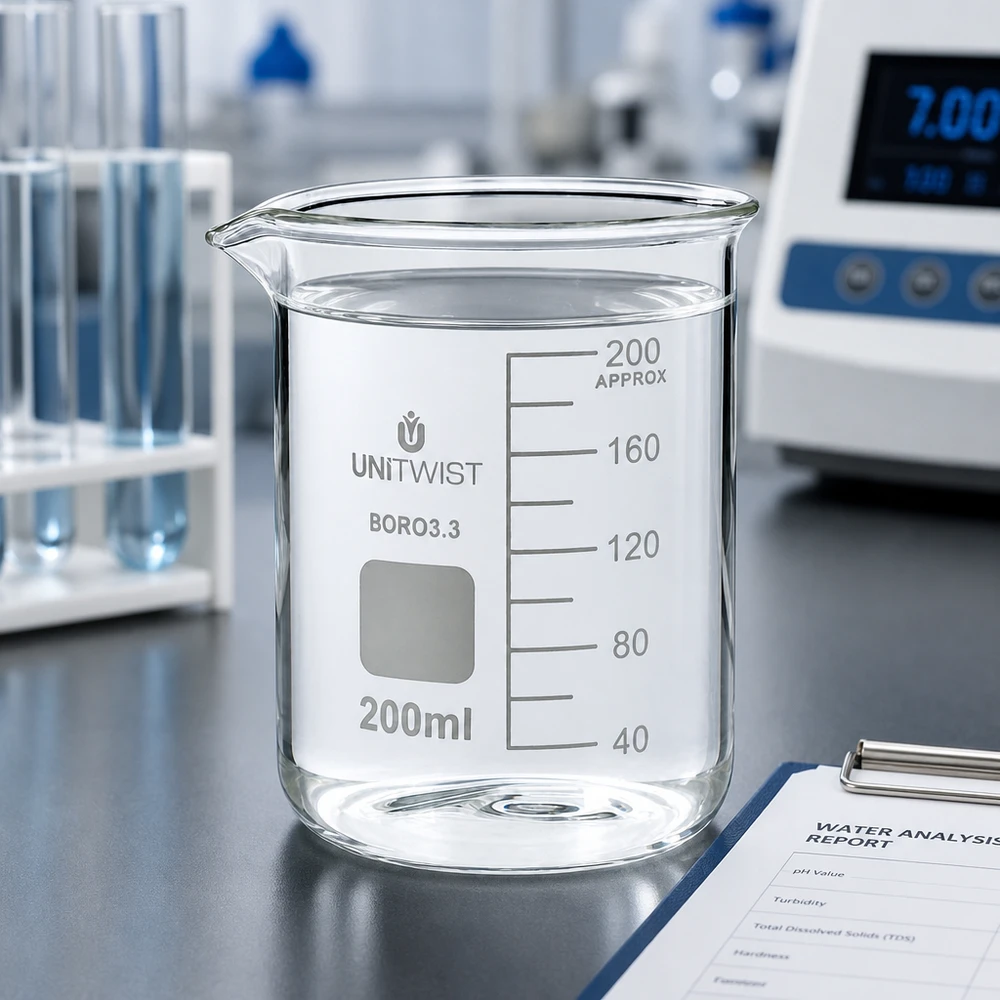 Beker 200ml borosilicaat, schimmelarm UNiTWIST UNiTWIST 200 ml bekerglas, laag model, borosilicaat, met watermonster voor pH-meting