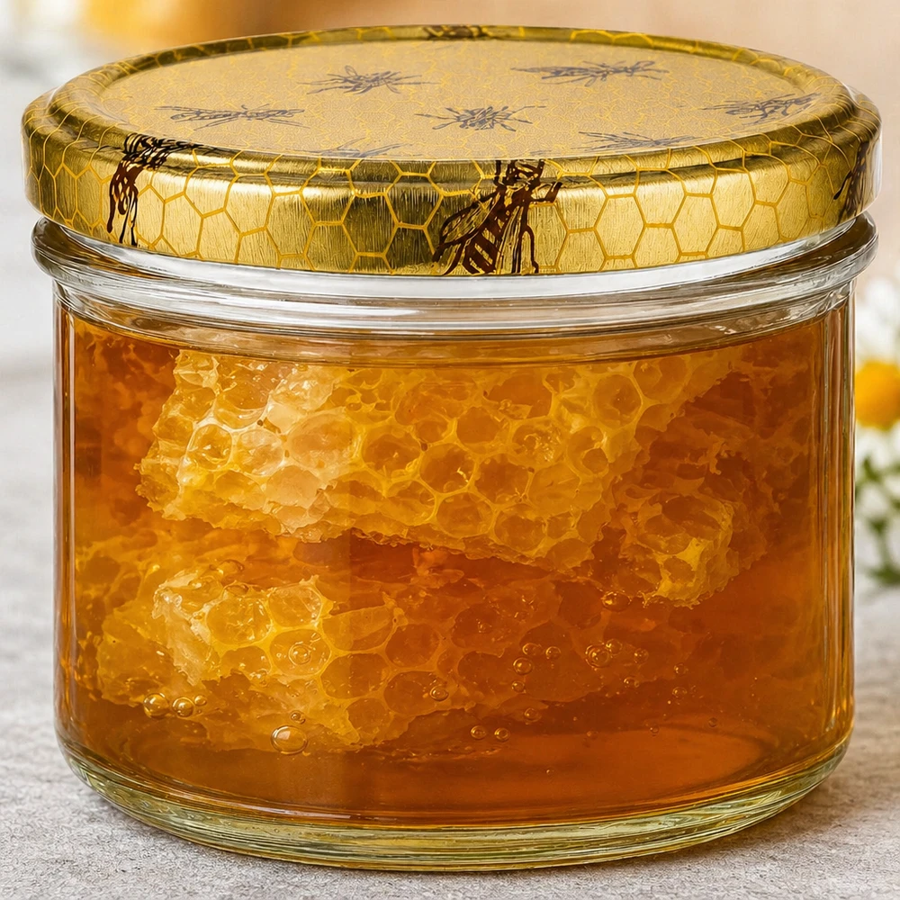 250g Honigglas gefüllt mit echter Bienenwabe im goldenen Honig zeigt natürliche Qualität und authentische Imkereiprodukt