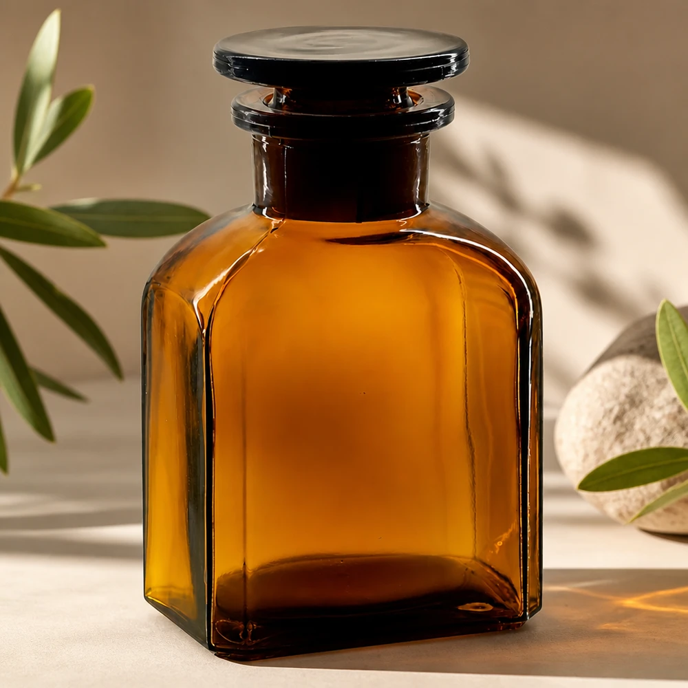 Klassieke laboratoriumfles van 150 ml in bruin glas met vierkante vorm en een platte glazen stop