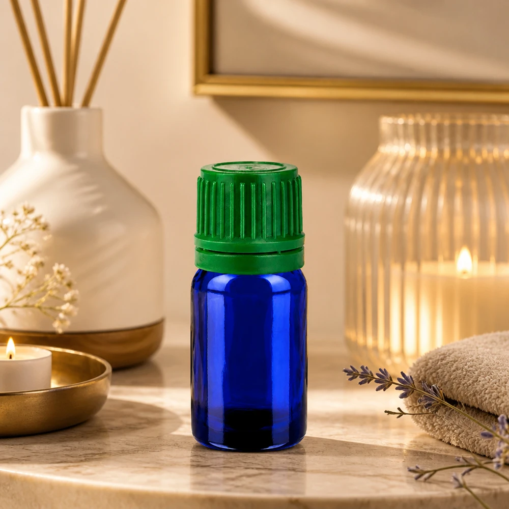 5 ml glazen flesje met lichtbeschermend blauw glas en lekvrije groene dop