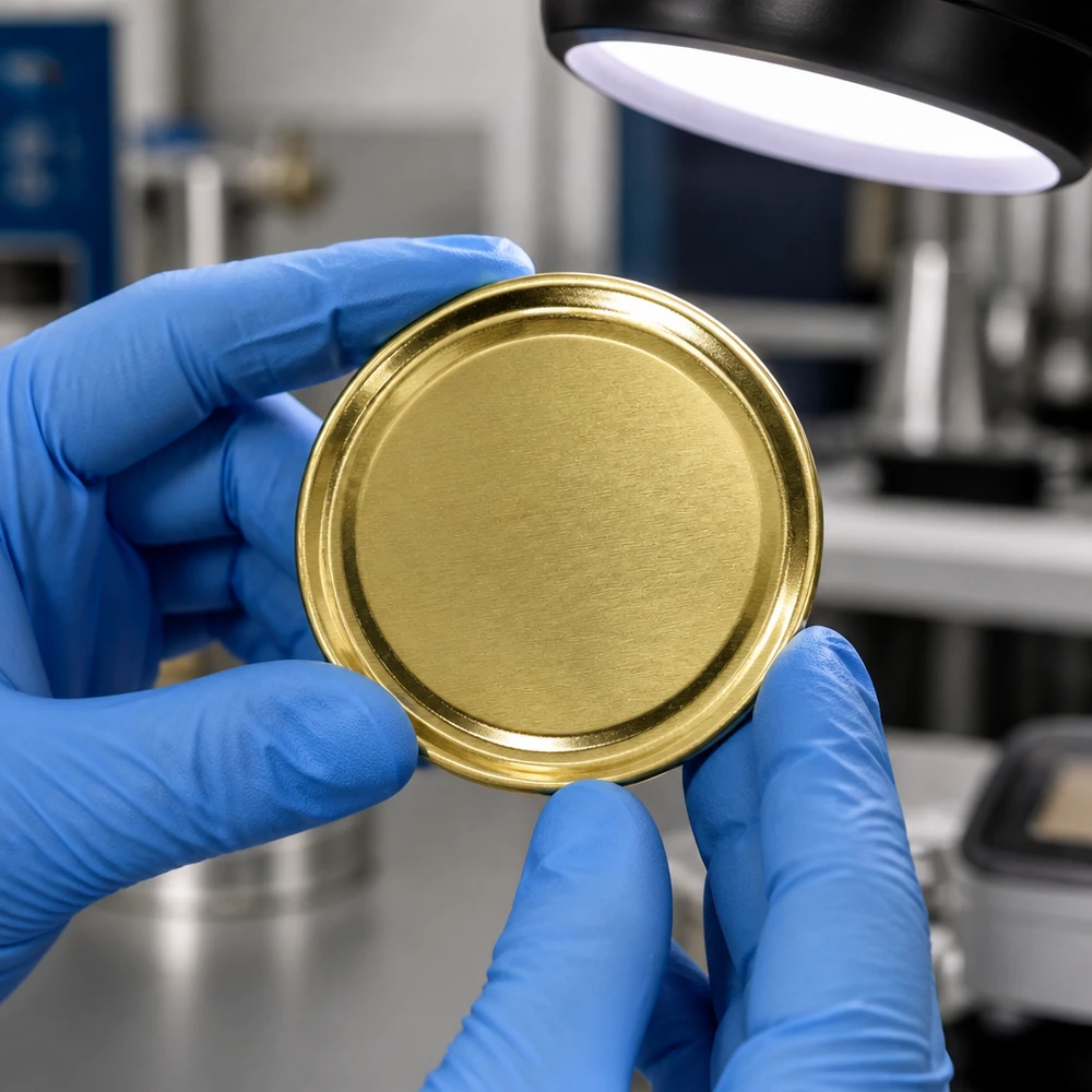 70mm BasicSeal deksel goud (TO70) UNiTWIST Ronde gouden schroefdop 70 mm TO70 BasicSeal UNiTWIST, vastgehouden door een blauwe latexhandschoen