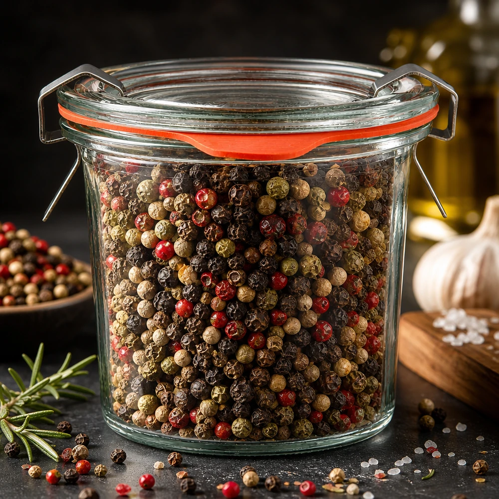WECK-glas van 140 ml met een mengsel van vijf soorten peper, een oranje afdichtingsring en roestvrijstalen beugels