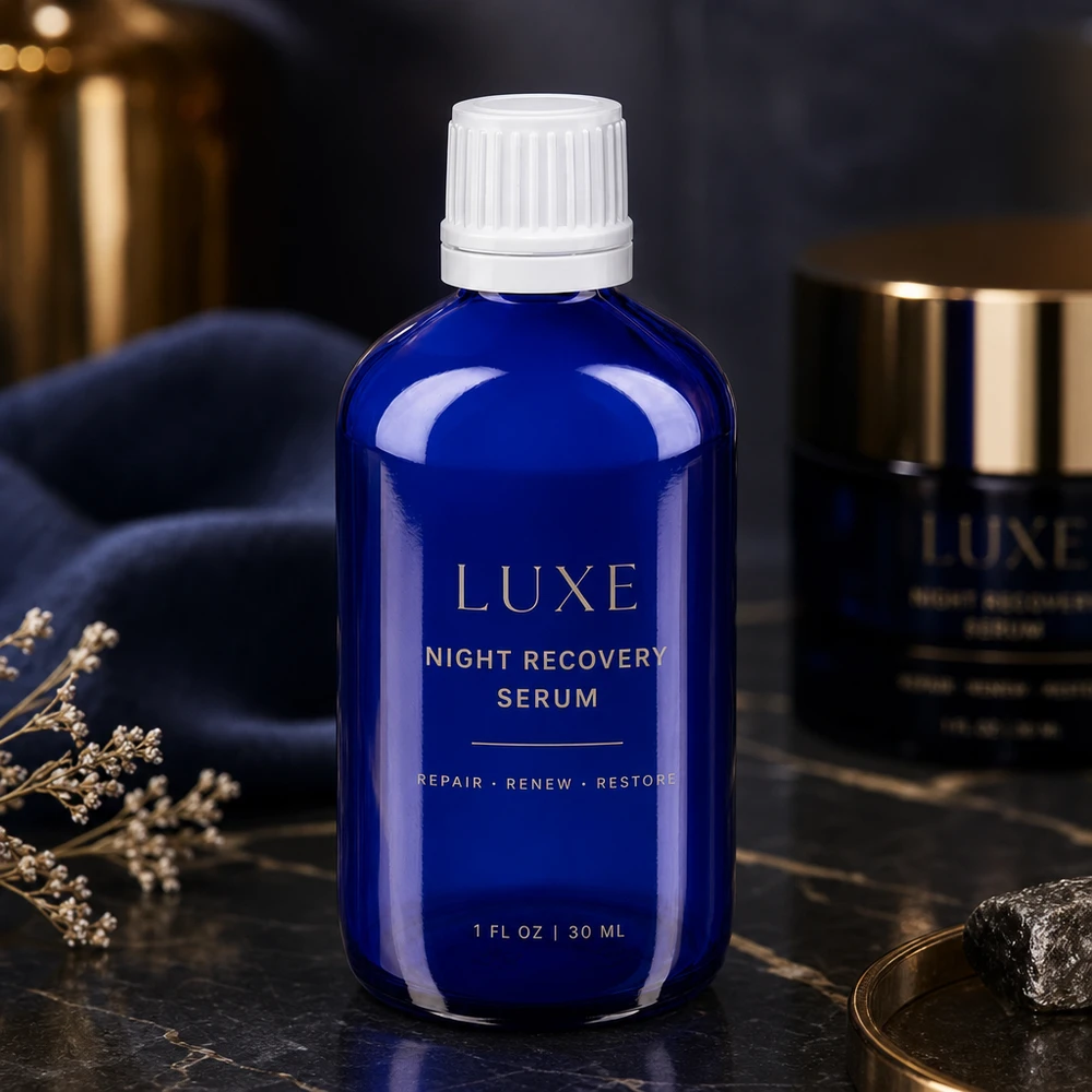 Blauw glazen flesje van 30 ml met witte verzegeling naast een zwart potje voor crème